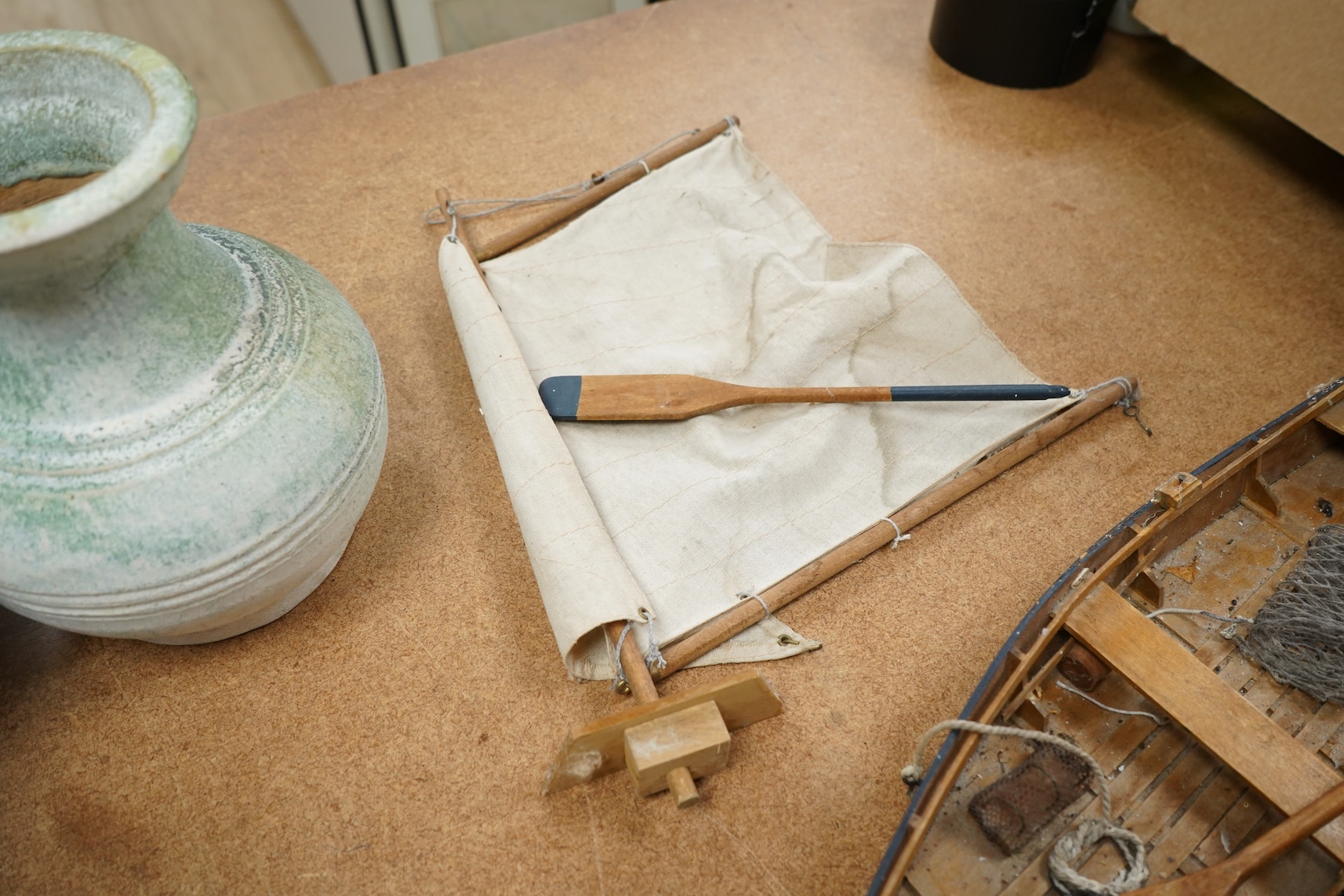 A Pietra Dura inkstand, telescope, cased glass flask and a wood boat model